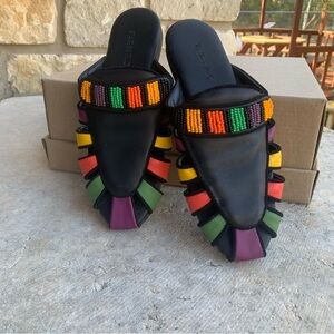Farm Rio beaded colored sandals.